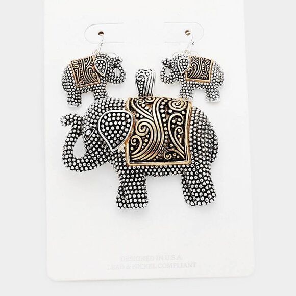 Elephant Embossed Metal Pendant Set - Picture 3 of 7